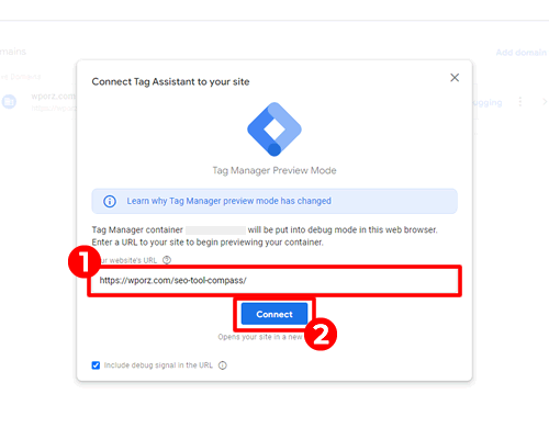【Googleタグマネージャー（GTM）でエラーが発生した場合】チェックしたURLを入力して「Connect」をクリックする