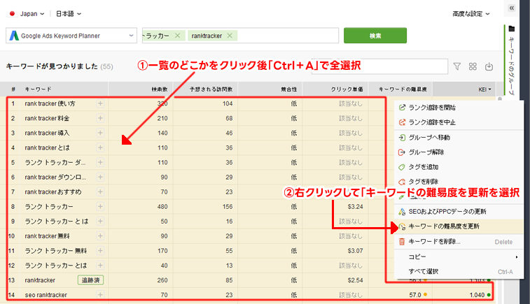 キーワードの難易度を更新する