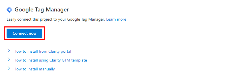 【Microsoft Clarityトラッキングコードを設定】「Connect now」をクリックする