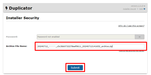 Duplicatorでダウンロードしたファイル名を入力してSubmitをクリックする