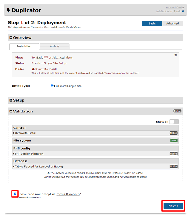 Duplicatorの利用規約に同意にチェックを入れてNextをクリックする