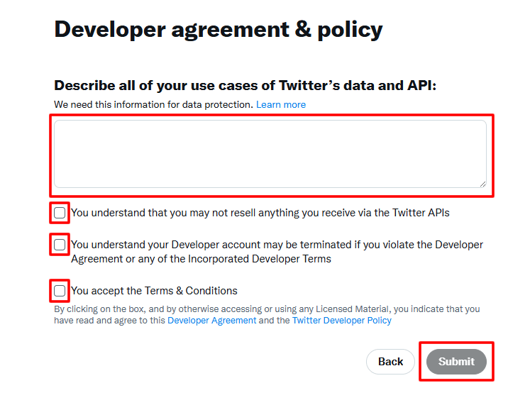 Twitter APIの利用情報や各種利用規約にチェックを入れる