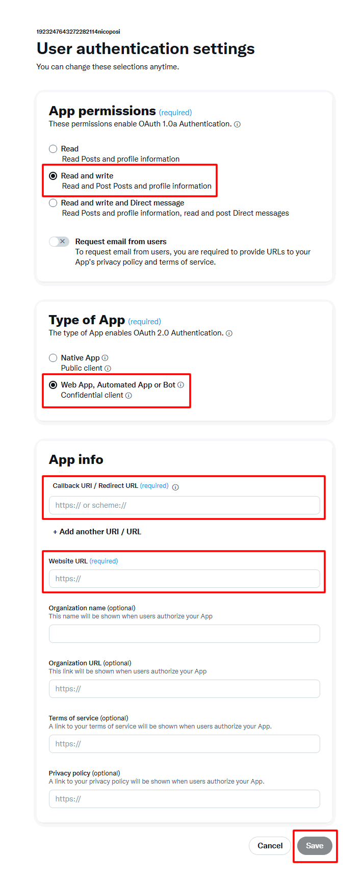 Twitter APIのアプリケーションパーミッションや情報を入力する