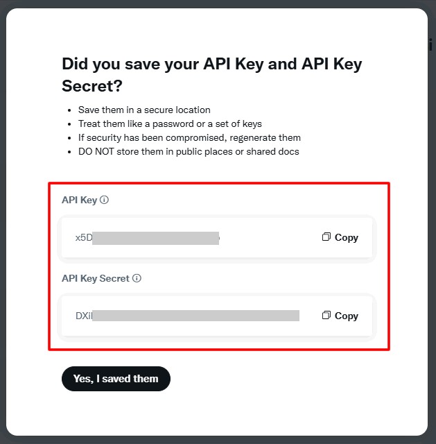 Twitter API KeyとAPI Key Secretをメモする
